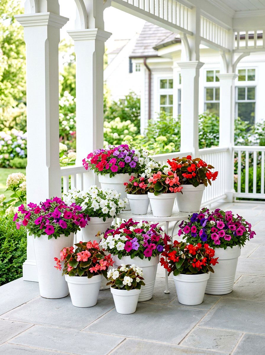 Layered White Flower Pots - 30 porch planter arrangement ideas for summer