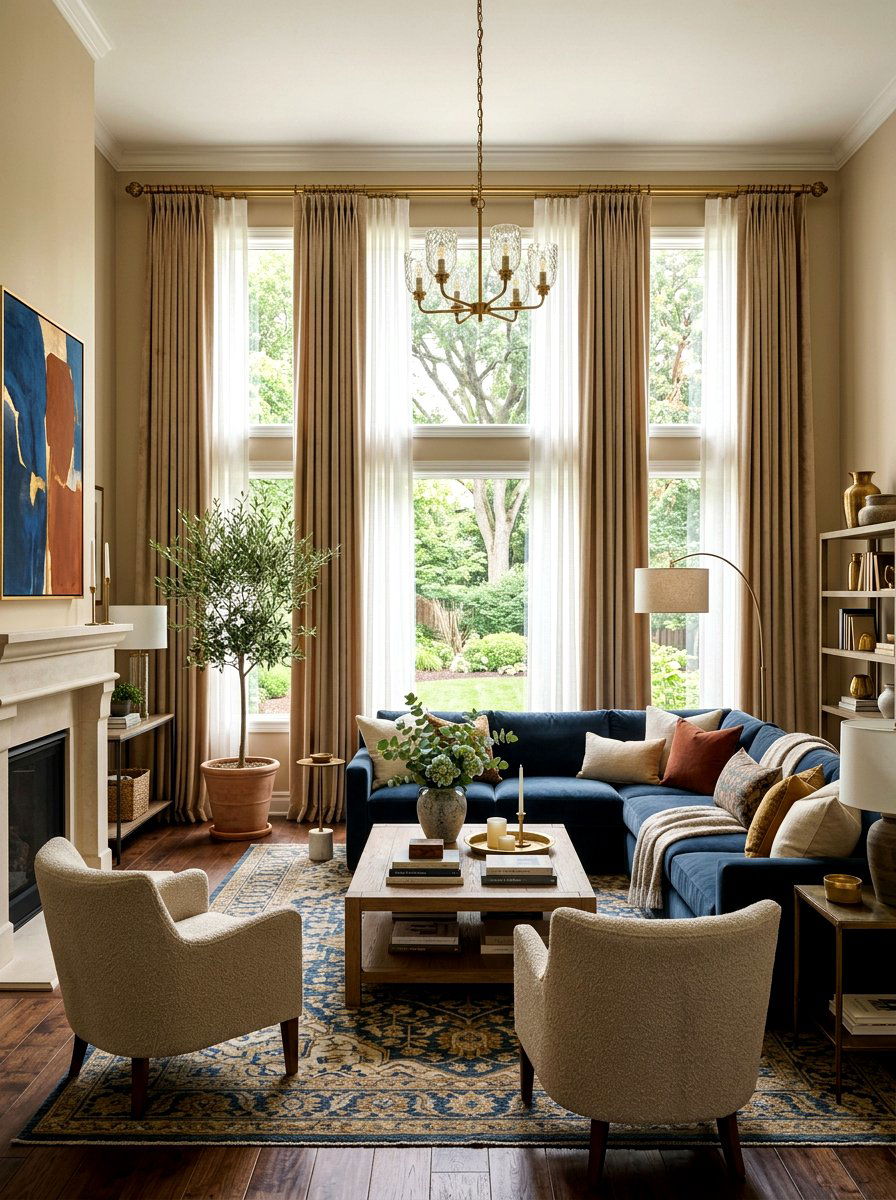 Layered Window Curtains - 30 toasted beige living room ideas