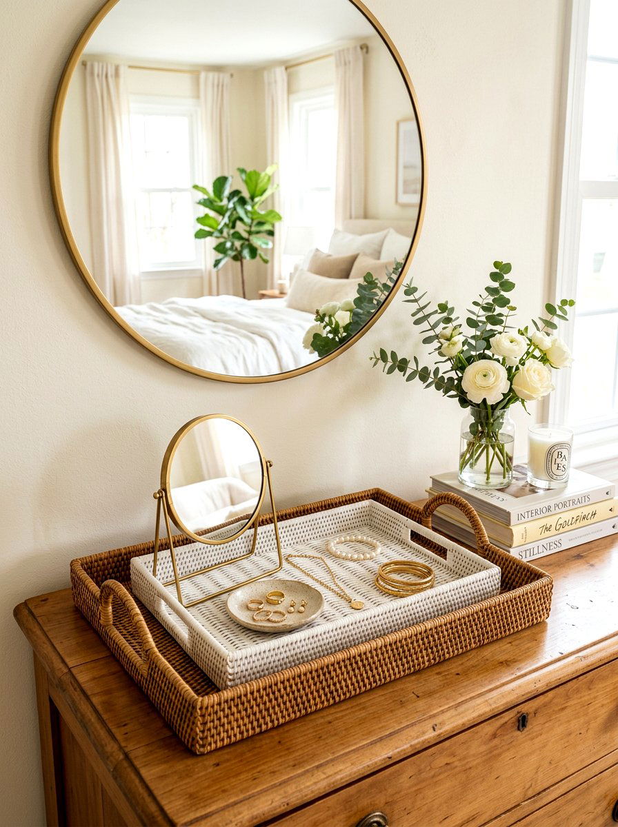 Layered Woven Tray Vignette - 30 woven tray decor ideas