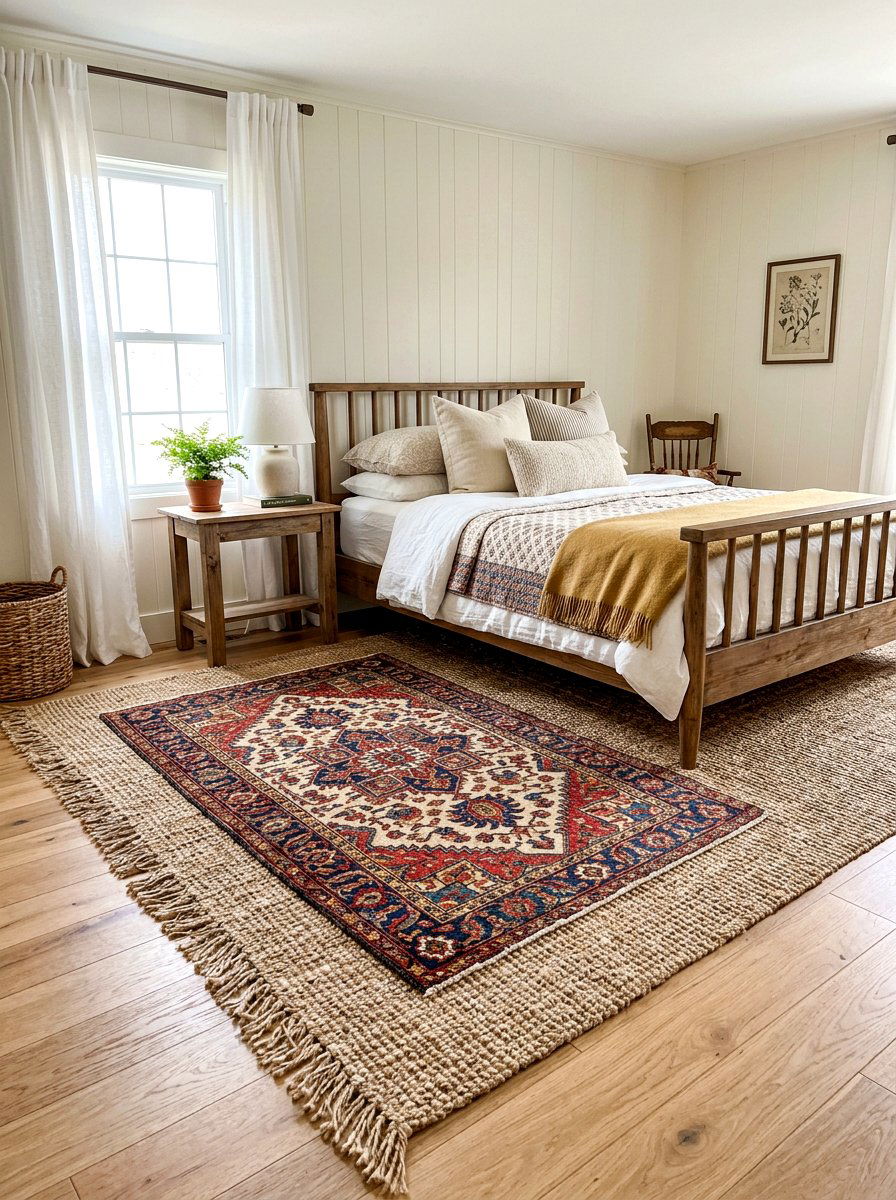 Layered area rug - 30 farmhouse bedroom ideas