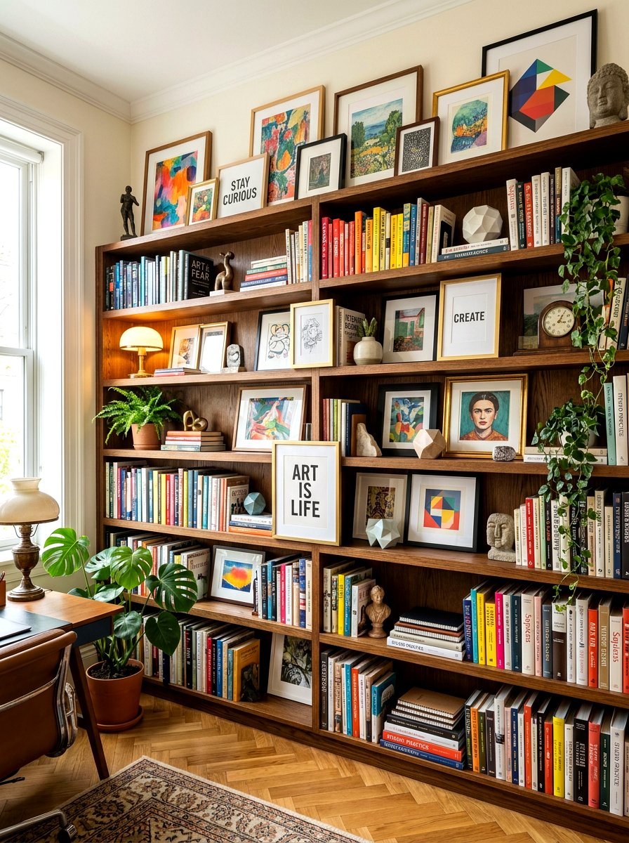 Layered artwork on bookshelves - 30 office bookshelf styling ideas