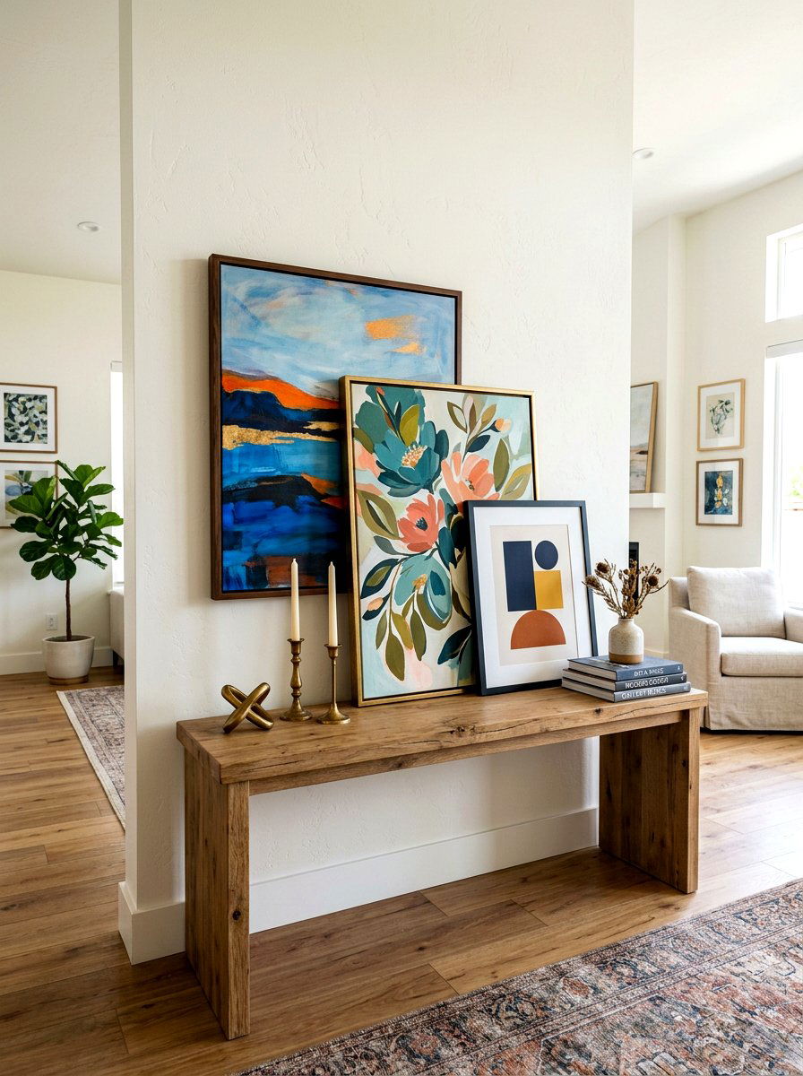 Layered artwork on console - 30 hallway console styling ideas