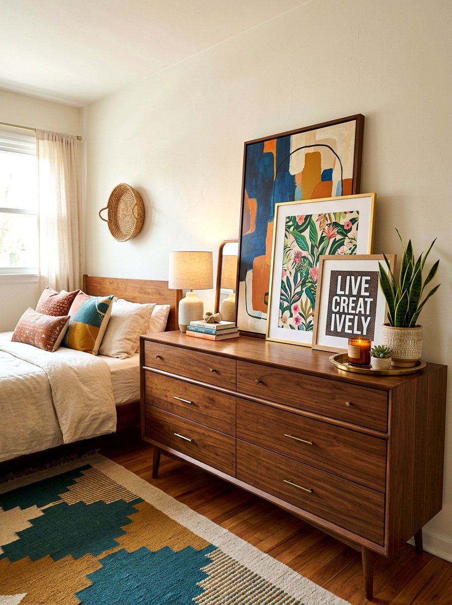 Layered artwork on dresser - 30 bedroom dresser styling ideas