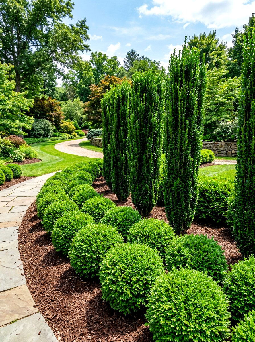 Layered boxwood bed - 30 boxwood front yard ideas