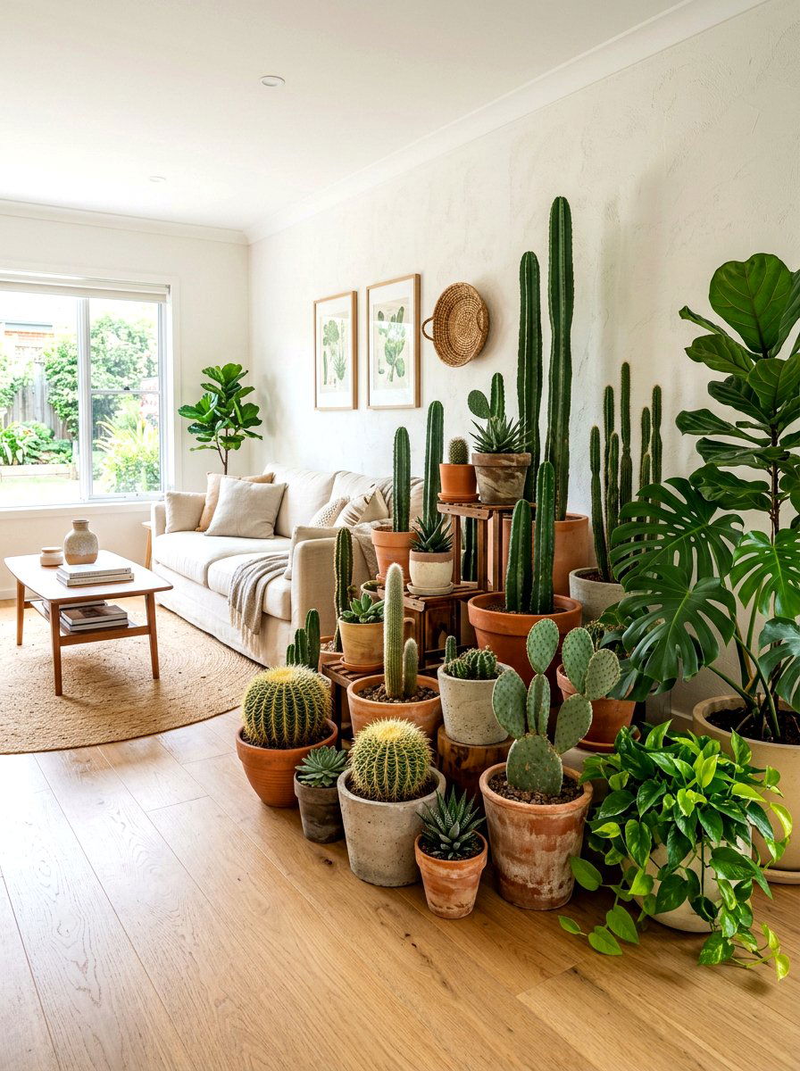 Layered cactus floor display - 30 cactus decor ideas
