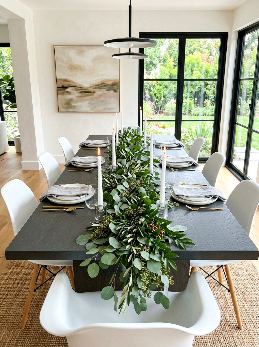 Layered candle and greenery table runner - 30 candlelit dining room ideas aesthetic
