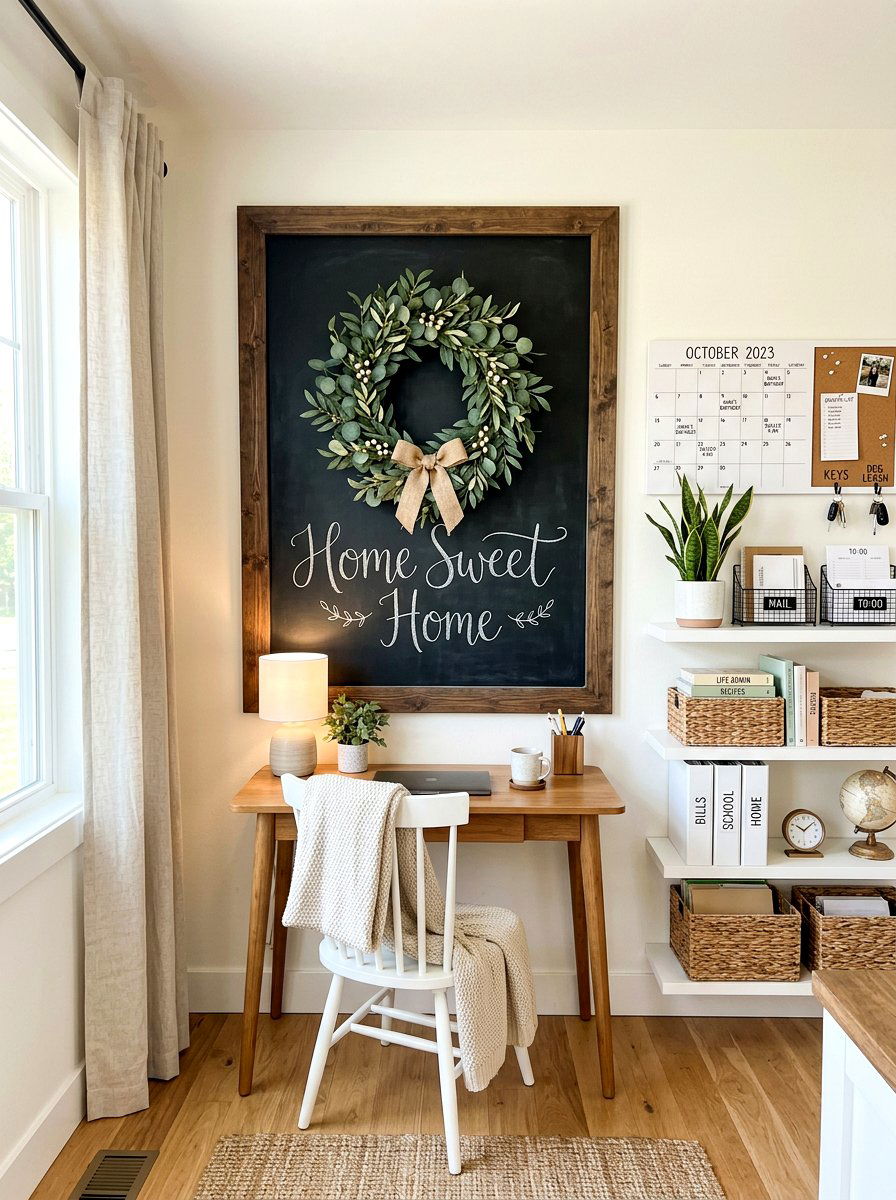 Layered chalkboard wreath display - 30 wreath wall display ideas