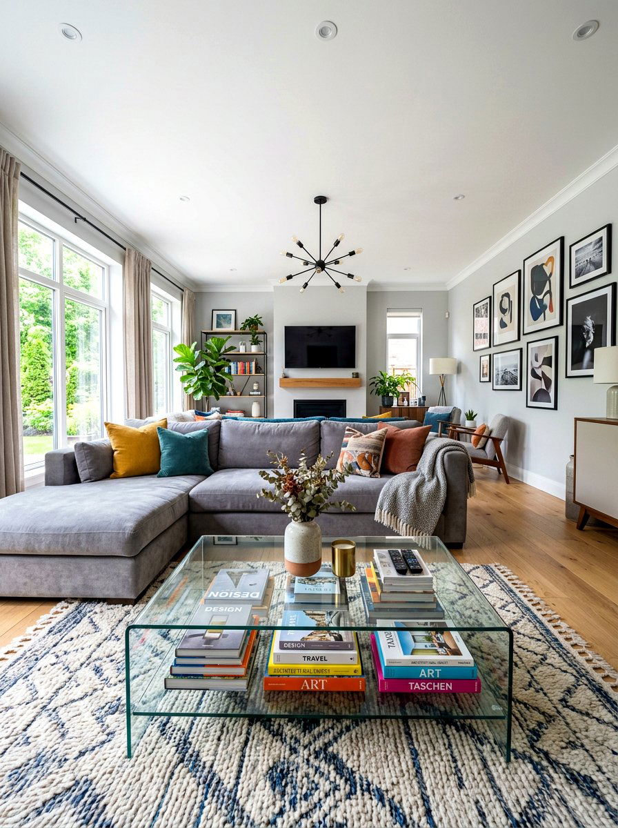 Layered coffee table books - 30 glass coffee table styling ideas