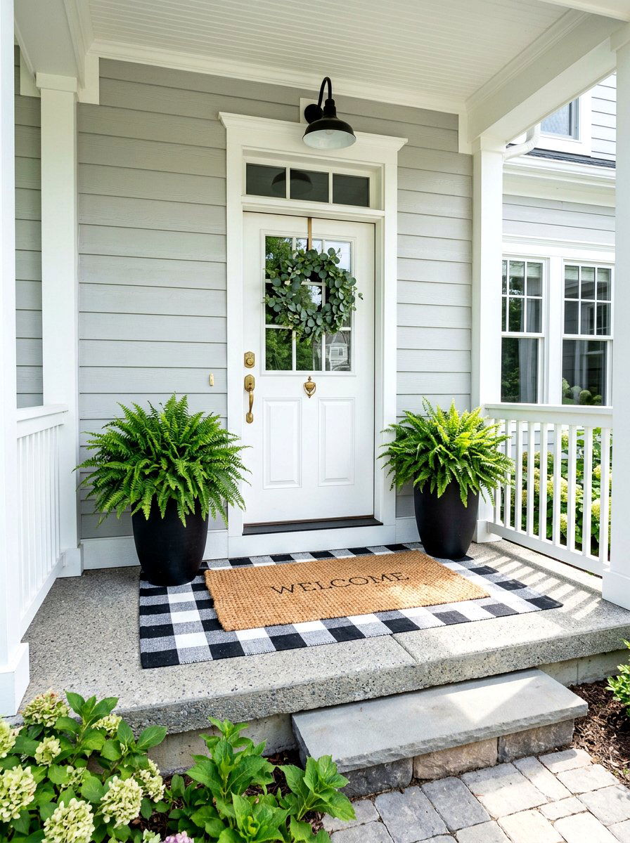 Layered doormat with checkered rug - 30 spring porch layering ideas