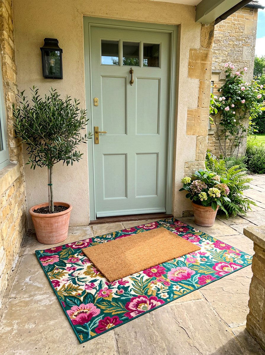 Layered doormat with floral rug - 30 spring porch layering ideas