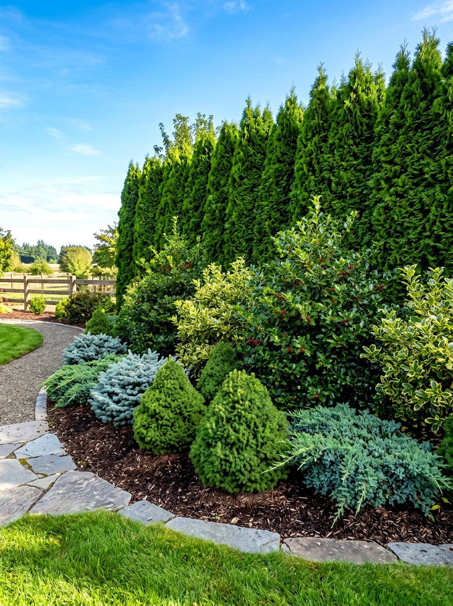 Layered evergreen flower beds - 30 evergreen front yard ideas