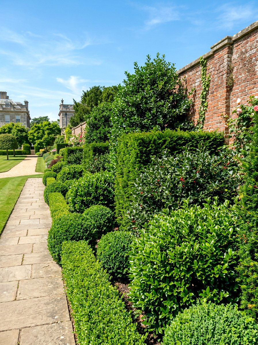 Layered evergreen shrub border - 30 border planting ideas along fence