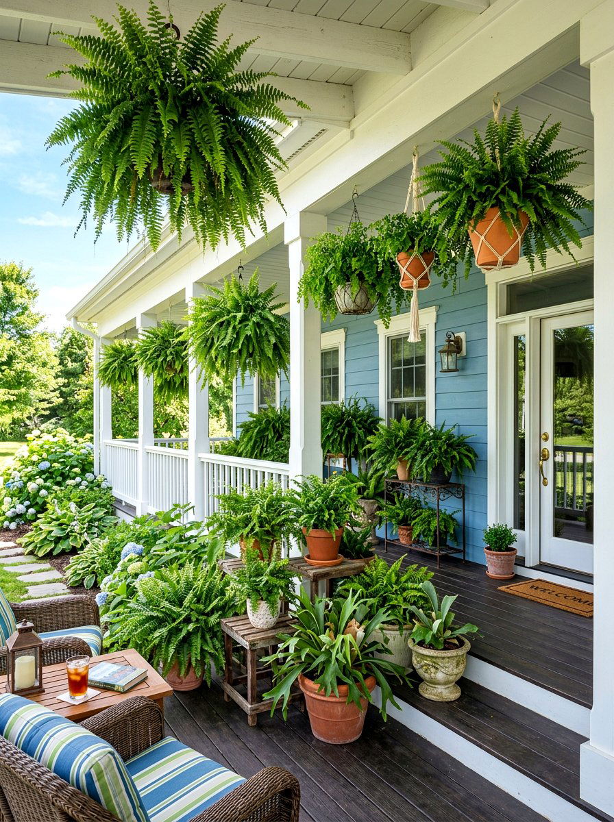Layered ferns of different heights - 30 fern front porch ideas