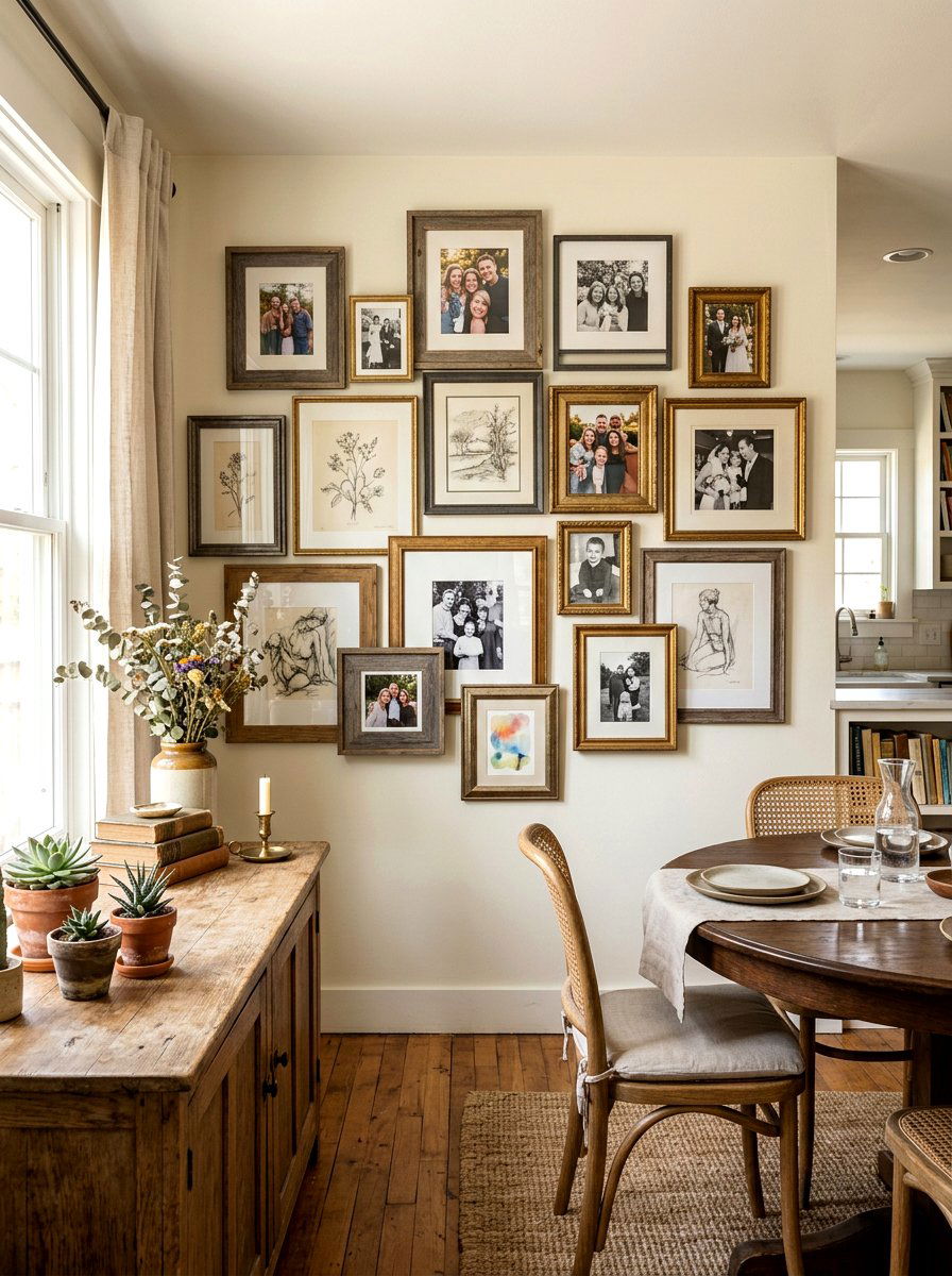 Layered frames on dining room sideboard - 30 dining room sideboard styling ideas