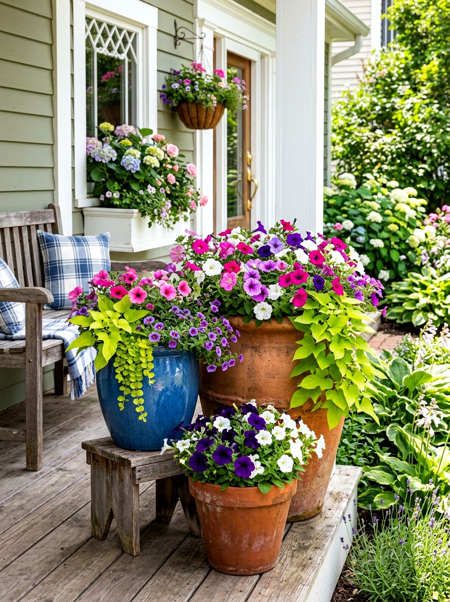 Layered front porch flower pots - 30 front porch planter ideas