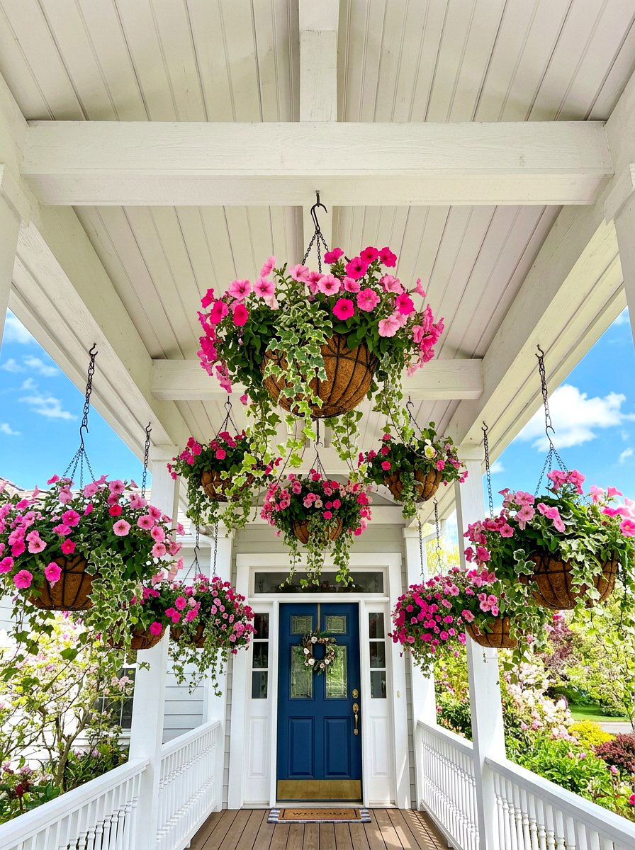 Layered hanging baskets - 30 spring porch layering ideas