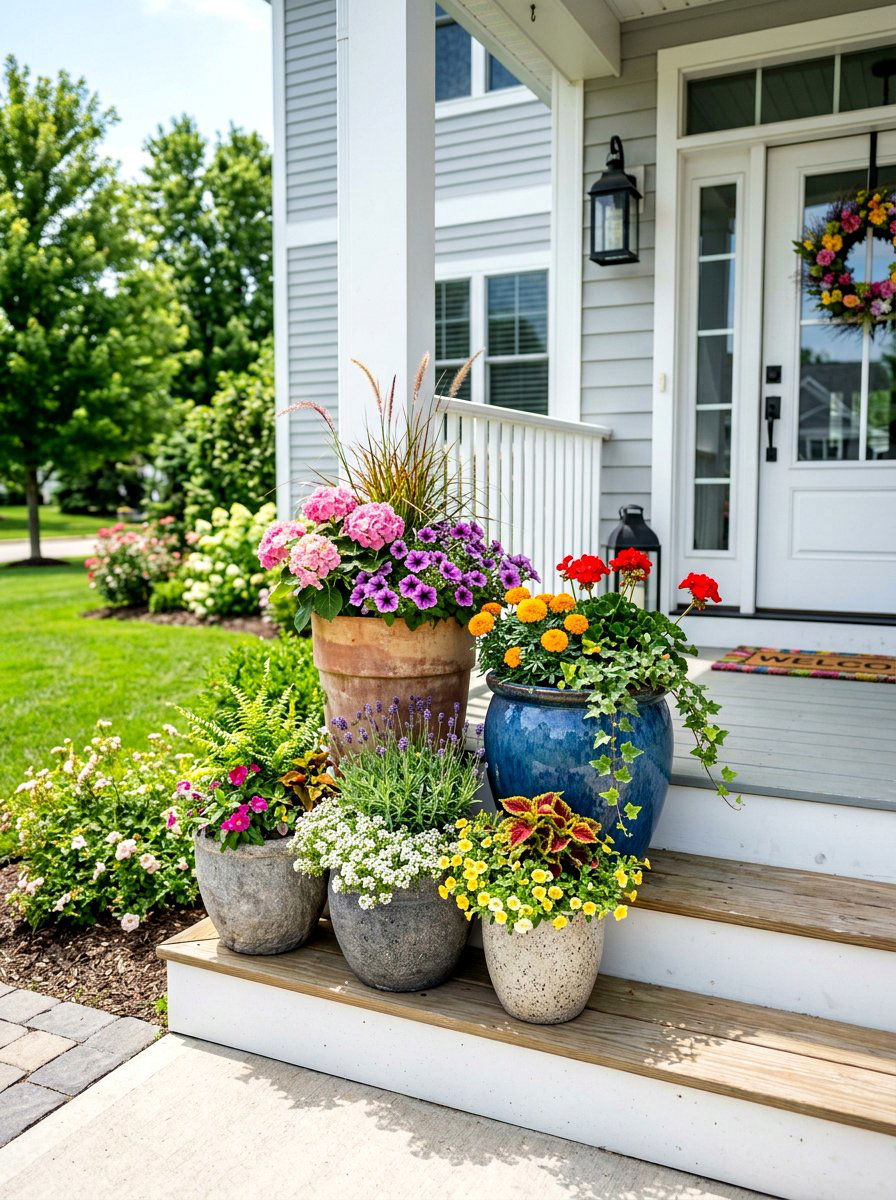 Layered height pot clusters - 30 porch step planter ideas