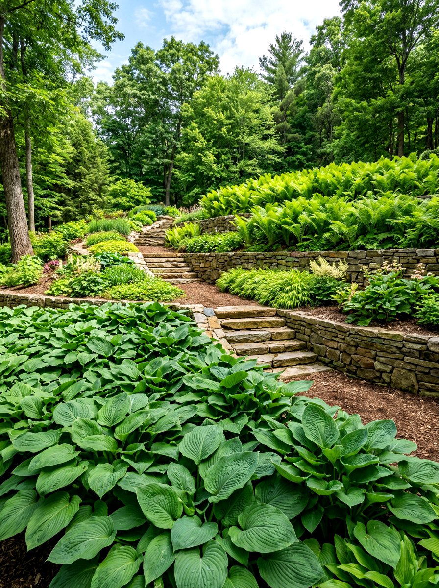 Layered hosta fern hillside landscaping - 30 hosta and fern garden ideas