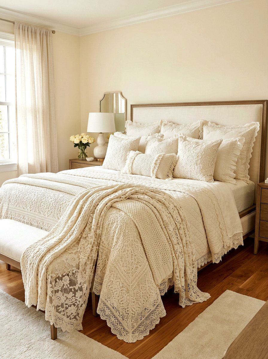 Layered lace bed linens - 30 cottage lace bedroom ideas