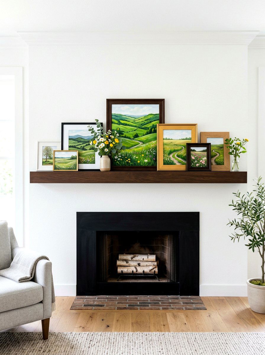 Layered landscape art mantel - 30 spring mantel decor ideas