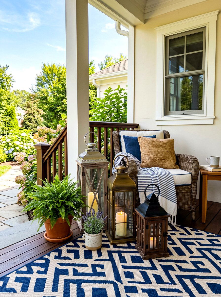 Layered lanterns with outdoor rug - 30 porch lantern styling ideas