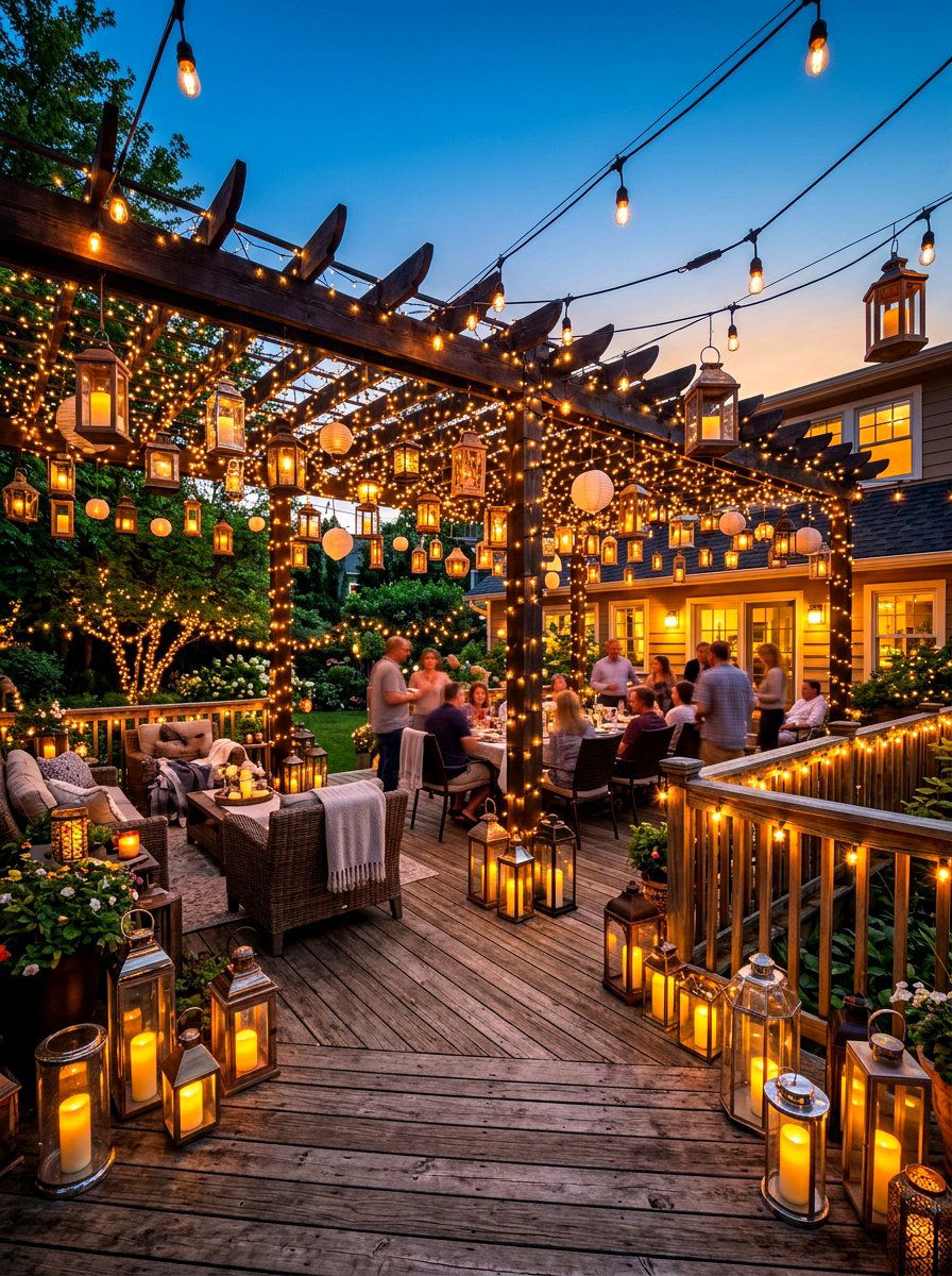 Layered lanterns with string lights - 30 candle lantern patio styling ideas