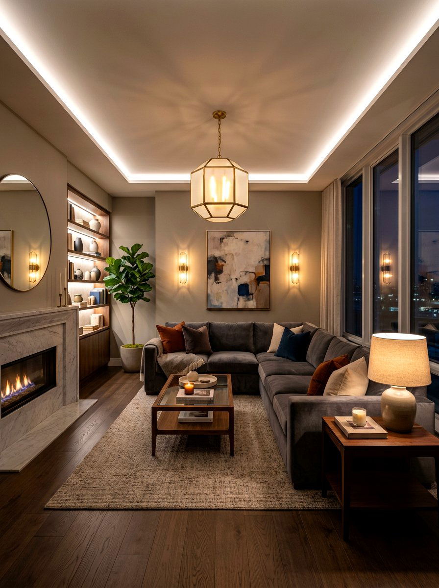 Layered lighting living room - 30 hotel chic living room ideas