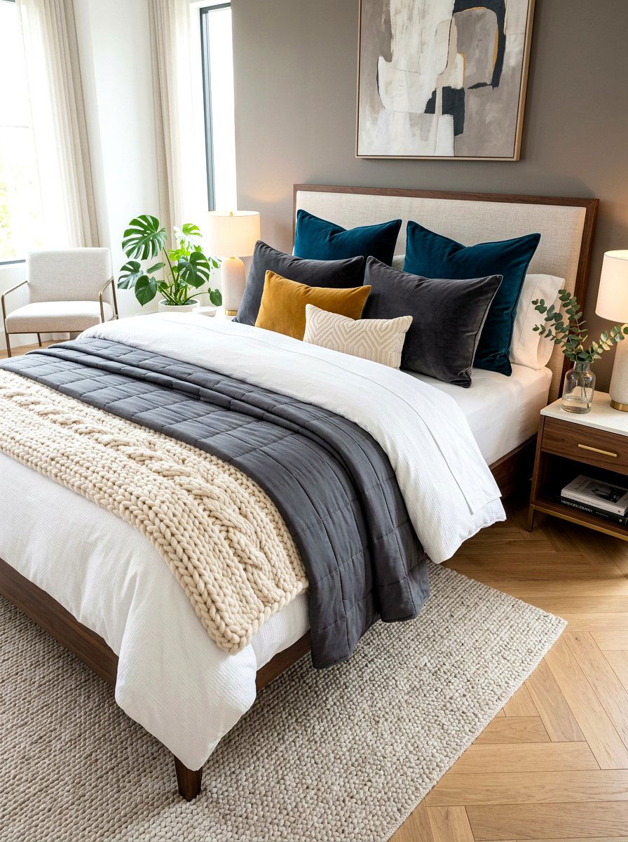 Layered luxury bedding with weighted blanket - 30 phone free bedroom ideas for adults