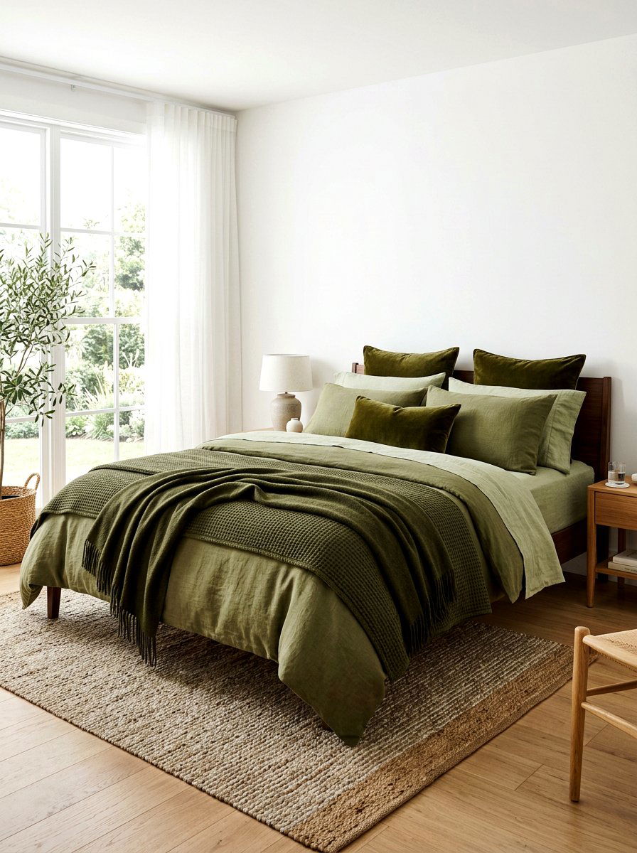 Layered olive green bedding - 30 olive drab bedroom ideas