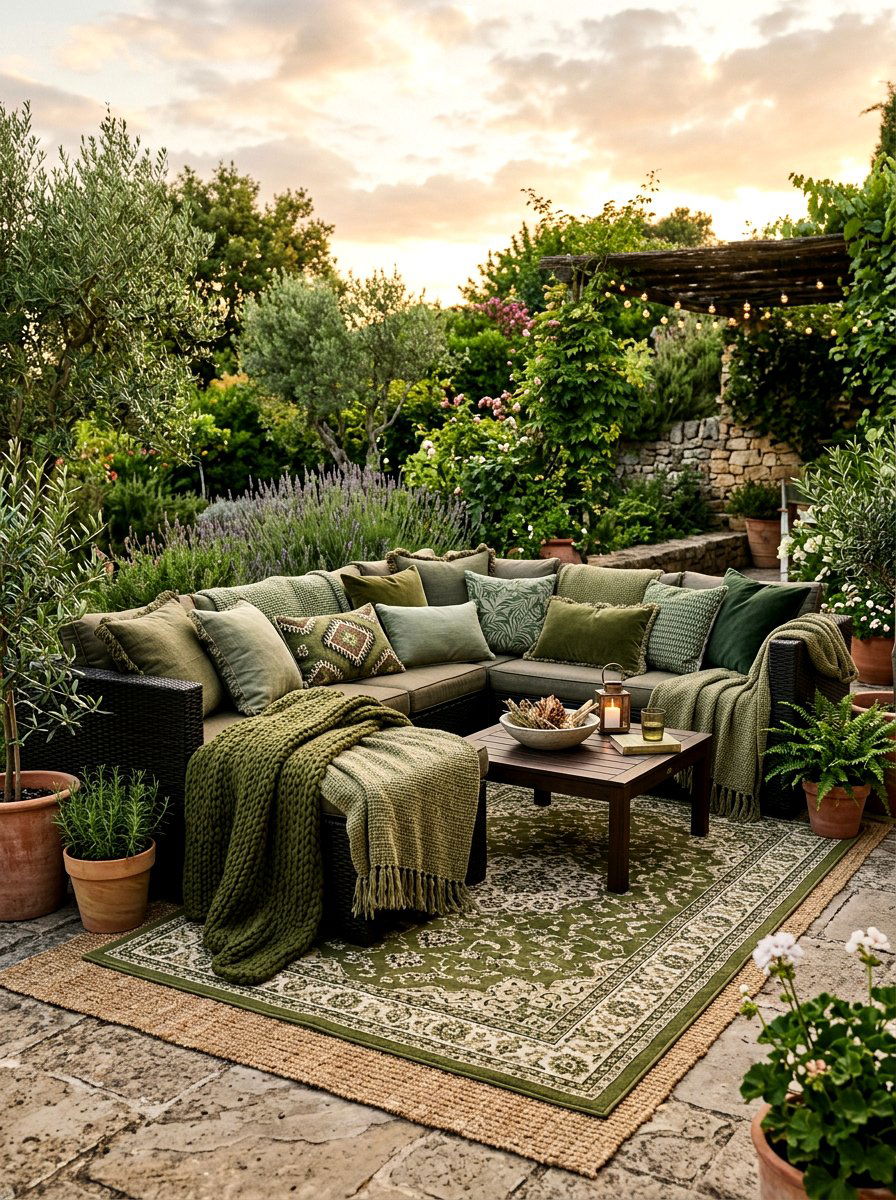 Layered olive green textiles - 30 olive patio decor ideas