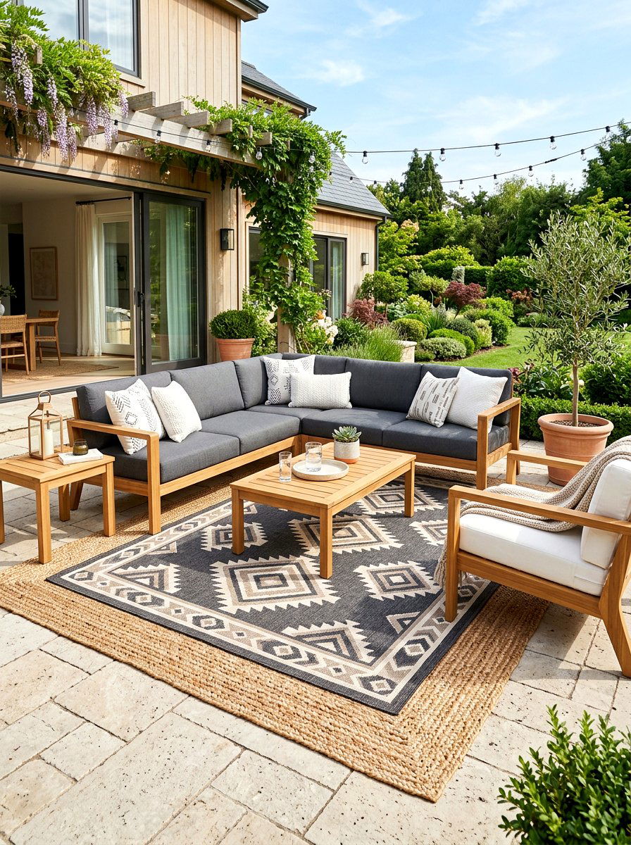 Layered outdoor rug patio - 30 neutral backyard styling ideas