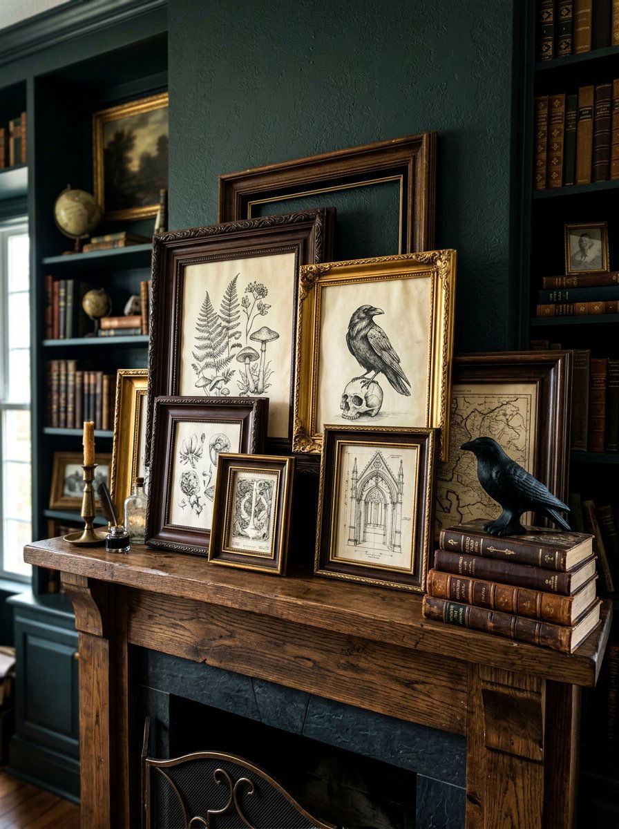 Layered picture frames - 30 moody mantel fall ideas
