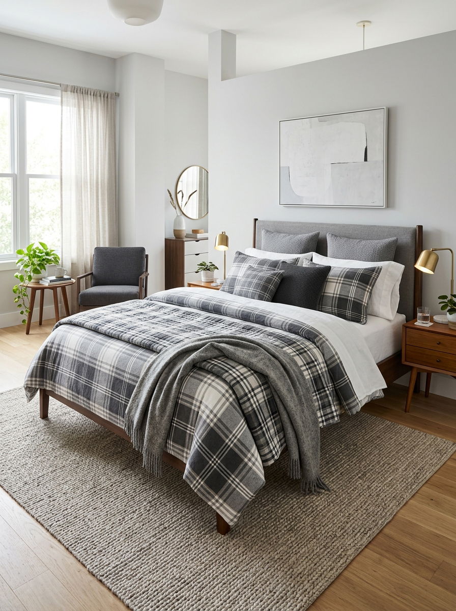 Layered plaid bedding sets - 30 plaid bedroom ideas
