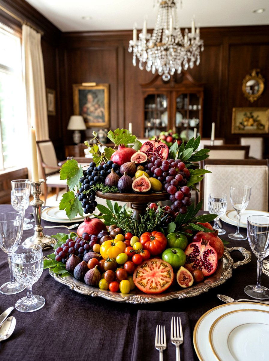 Layered produce table centerpiece - 30 tomato tablescape ideas