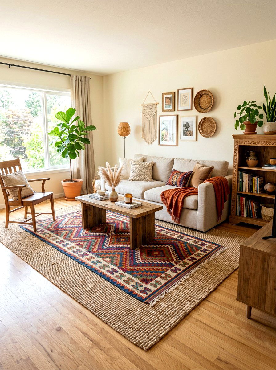 Layered rug boho living room - 30 boho living room ideas