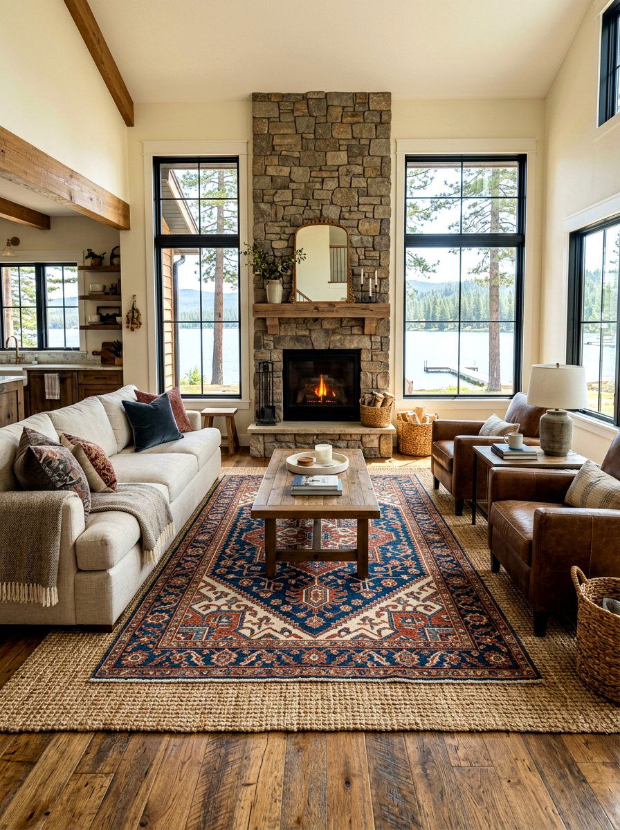 Layered rug lake house - 30 lake house living room ideas