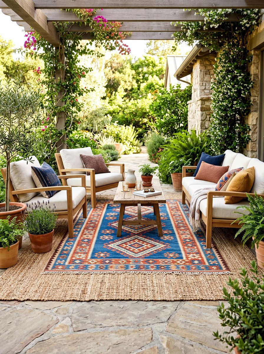 Layered rug patio seating - 30 California casual patio lounge ideas