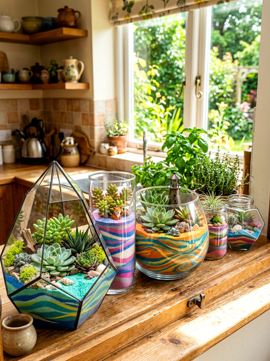 Layered sand terrariums - 30 succulent windowsill ideas