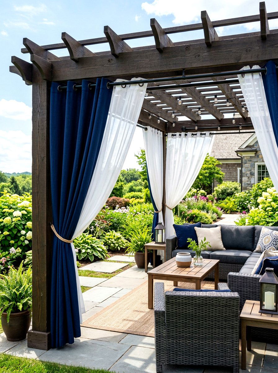 Layered sheer and solid pergola - 30 pergola privacy curtain ideas