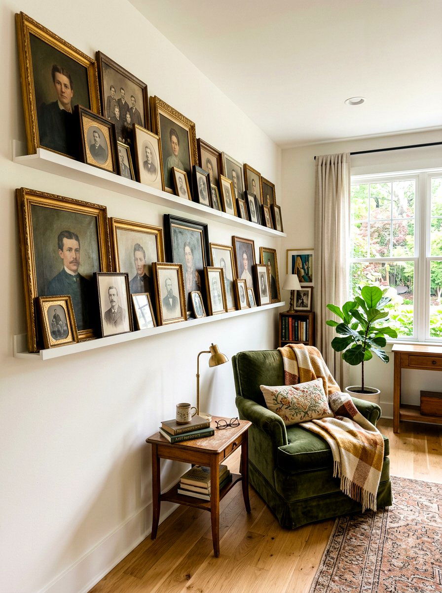 Layered shelf vintage portraits - 30 vintage portrait wall ideas