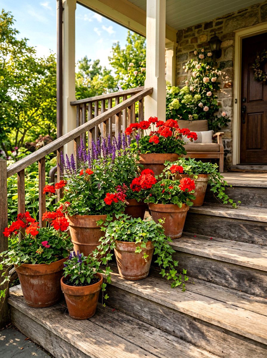 Layered terra cotta pots - 30 porch container garden ideas