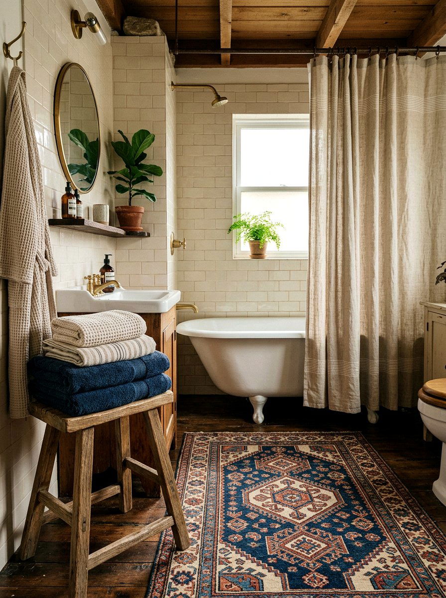 Layered textile bathroom - 30 Nancy Meyers bathroom ideas