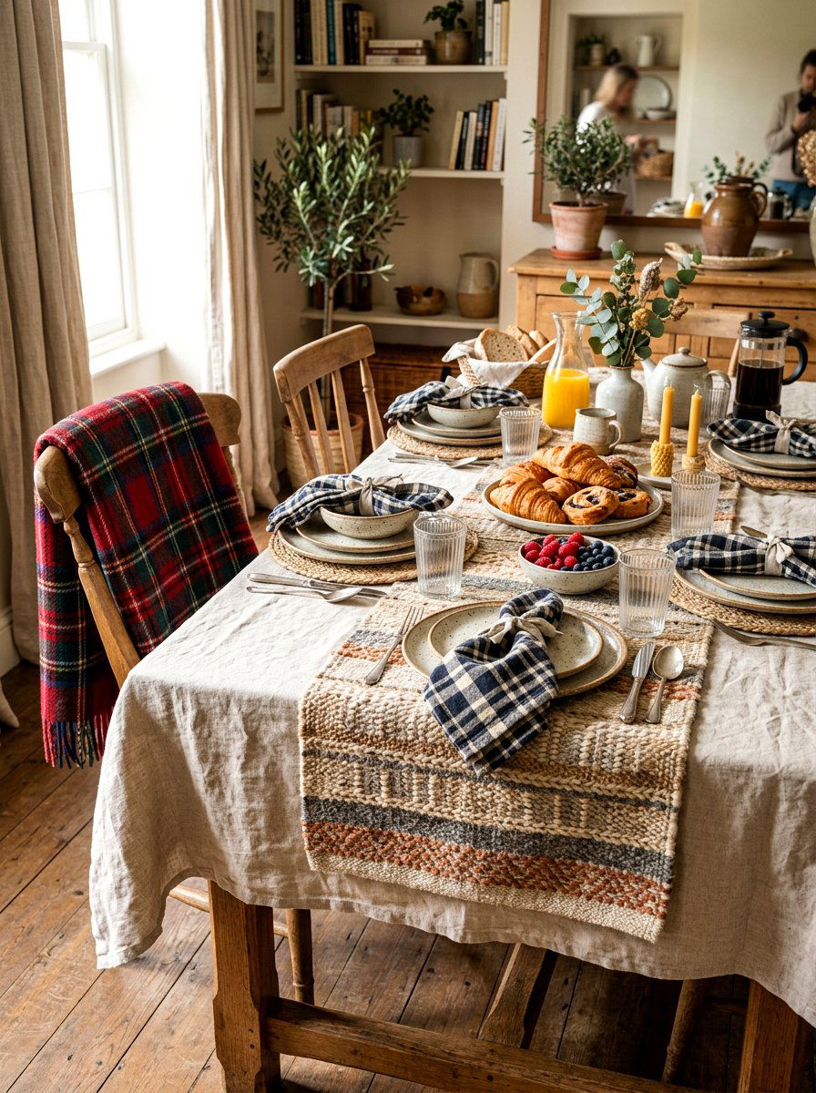 Layered textile brunch table - 30 Thanksgiving brunch table ideas