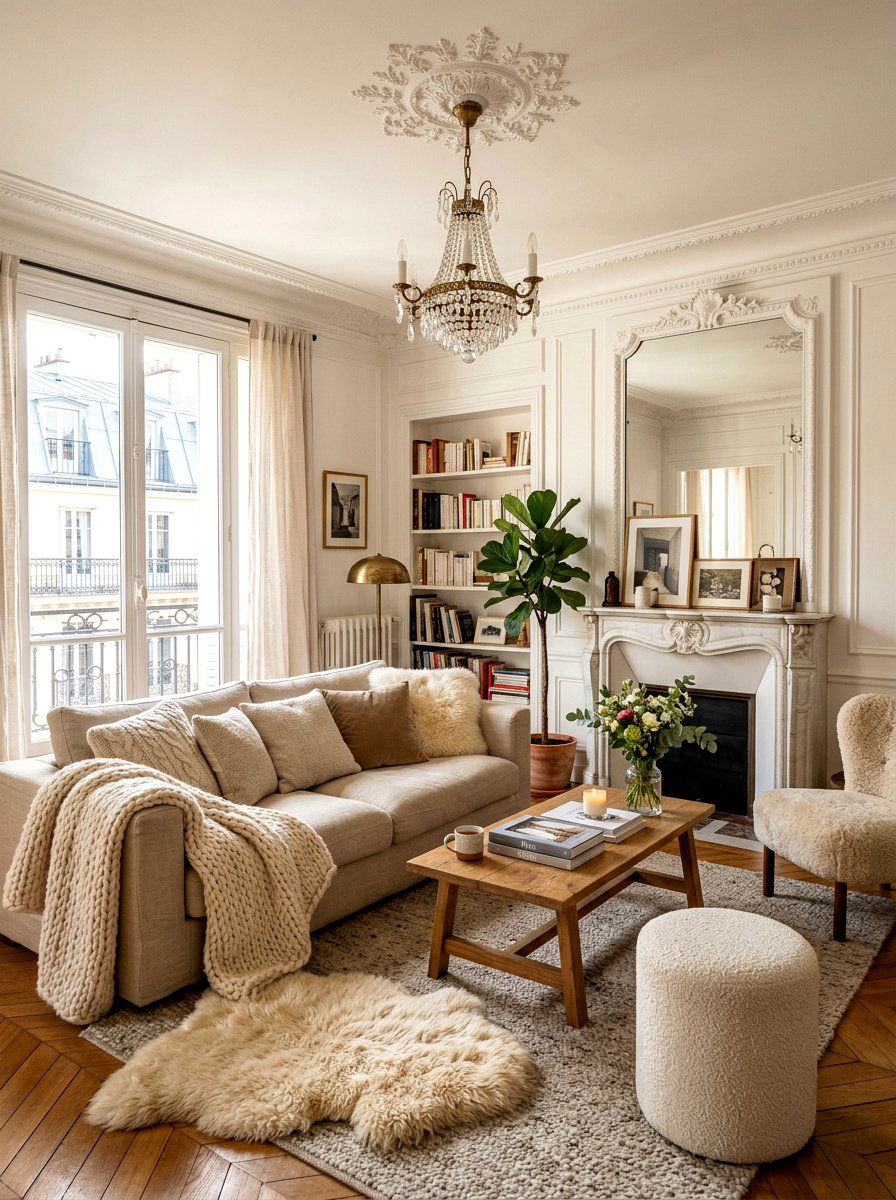 Layered textile room decor - 30 Parisian living room ideas