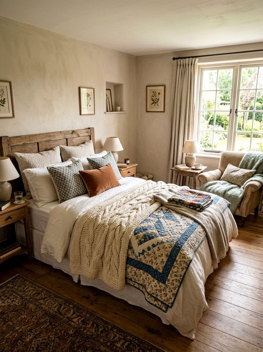 Layered throw blankets - 30 romantic cottage bedroom ideas