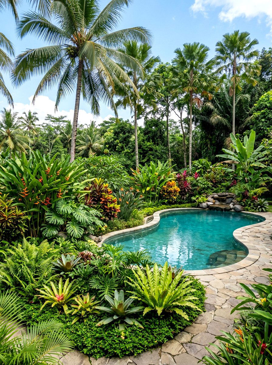 Layered tropical plants - 30 tropical pool landscaping ideas