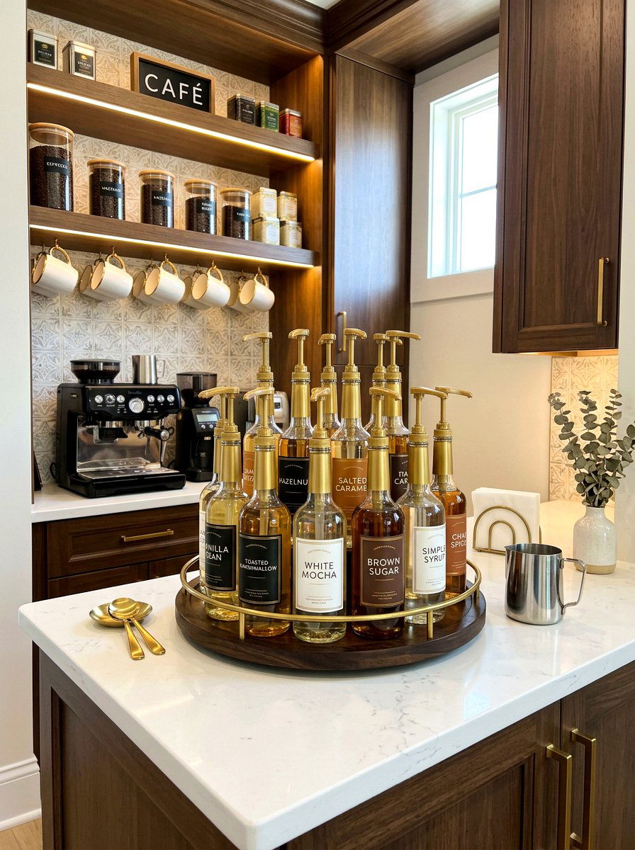 Lazy Susan for coffee syrups - 30 lazy Susan pantry ideas