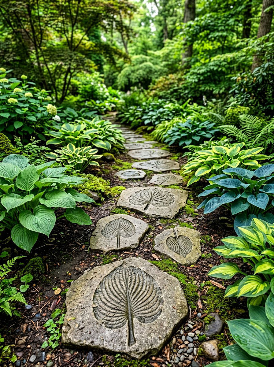 Leaf Impression Stone Path - 30 stepping stone backyard path ideas