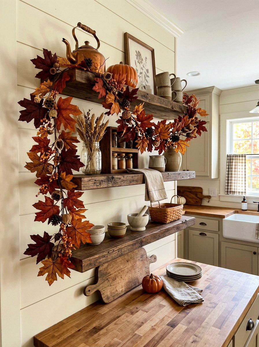 Leaf garland shelf - 30 fall kitchen shelf decor ideas
