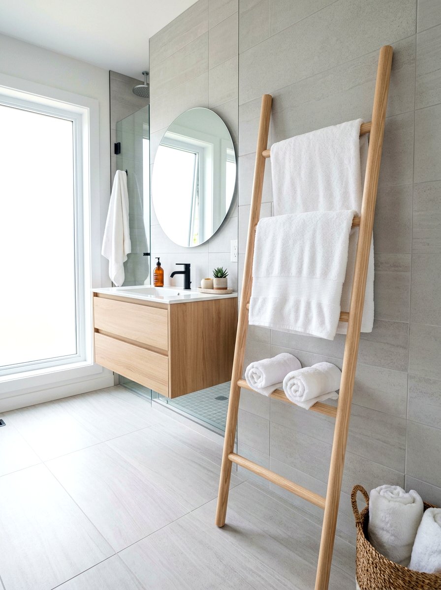 Lean to towel ladder - 30 rental bathroom ideas